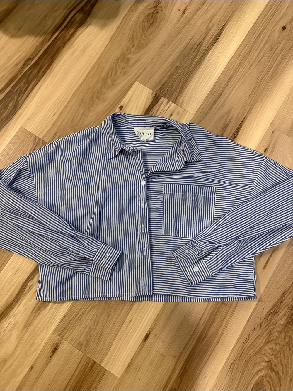 Olive & Oak Blue and White Striped Crop Button-Up Top